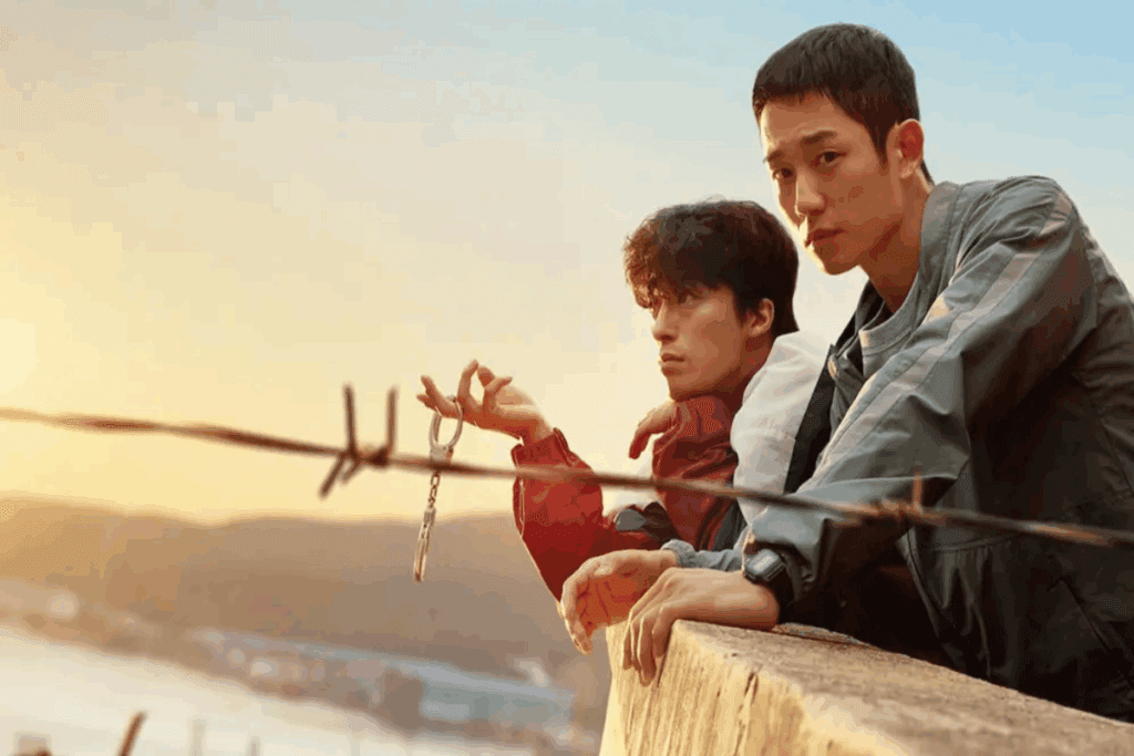 Dois homens parados em parapeito de prédio, um deles usando um casaco cinza e o outro usando um casaco vermelho