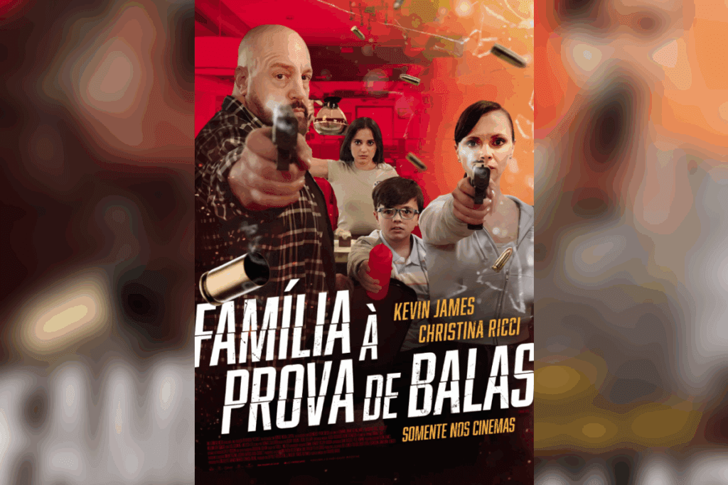 Pôster de "Família à Prova de Balas" com a família apontando pistolas em direção ao espectador