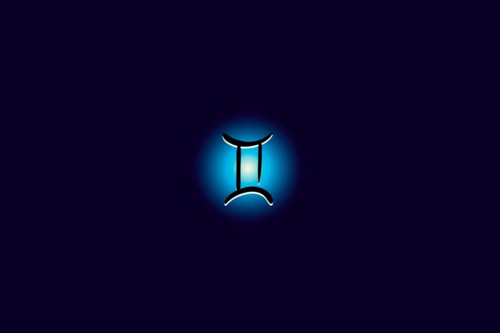 Ilustração do signo de gêmeos iluminado com uma luz em um fundo azul escuro