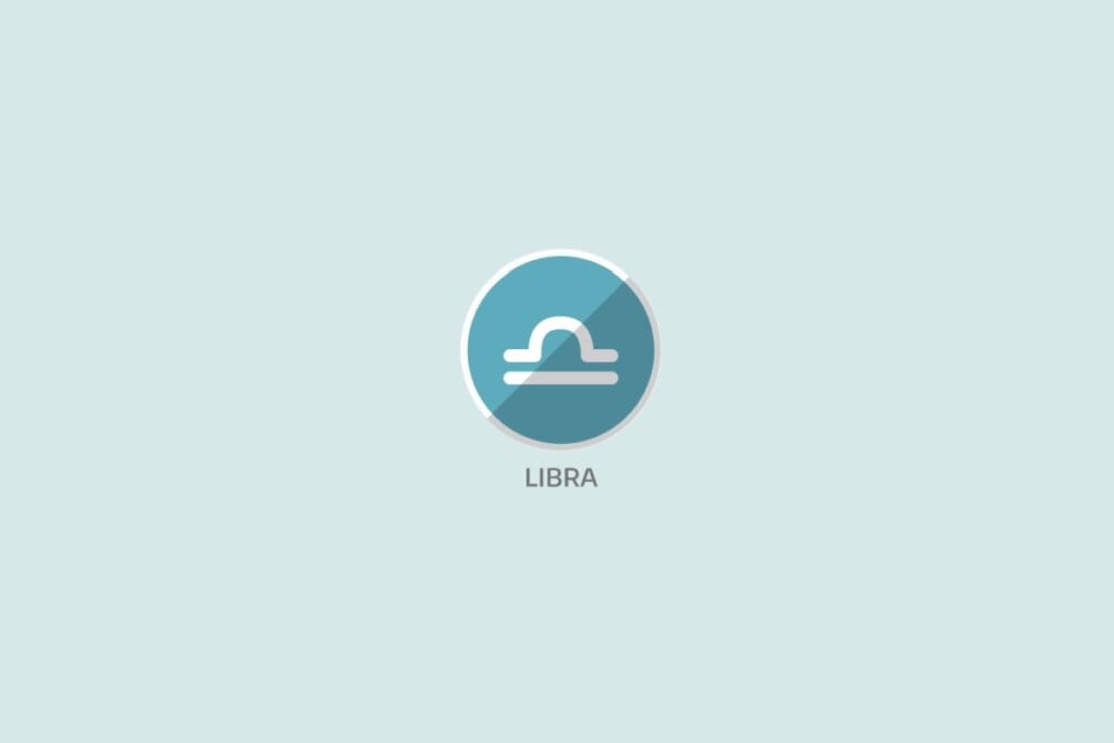 Ilustração em fundo azul-claro com o símbolo do signo de Libra dentro de círculo azul 
