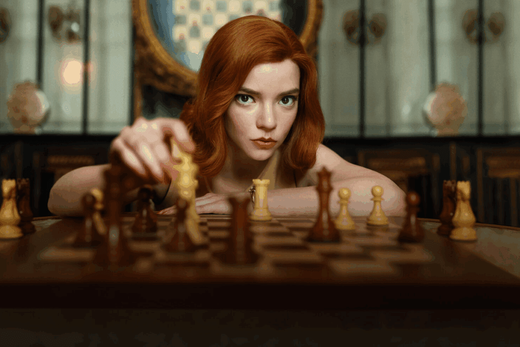 Jovem com o cabelo ruivo sentada em frente a mesa com jogo de xadrez