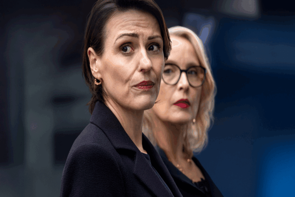 Mulher com cabelo curto, usando um terno azul escuro com uma expressão preocupada e atrás dela uma mulher loira, com o cabelo curto, usando um óculos preto 