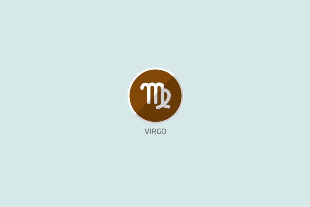 Ilustração em fundo azul-claro com o símbolo do signo de Virgem dentro de círculo marrom