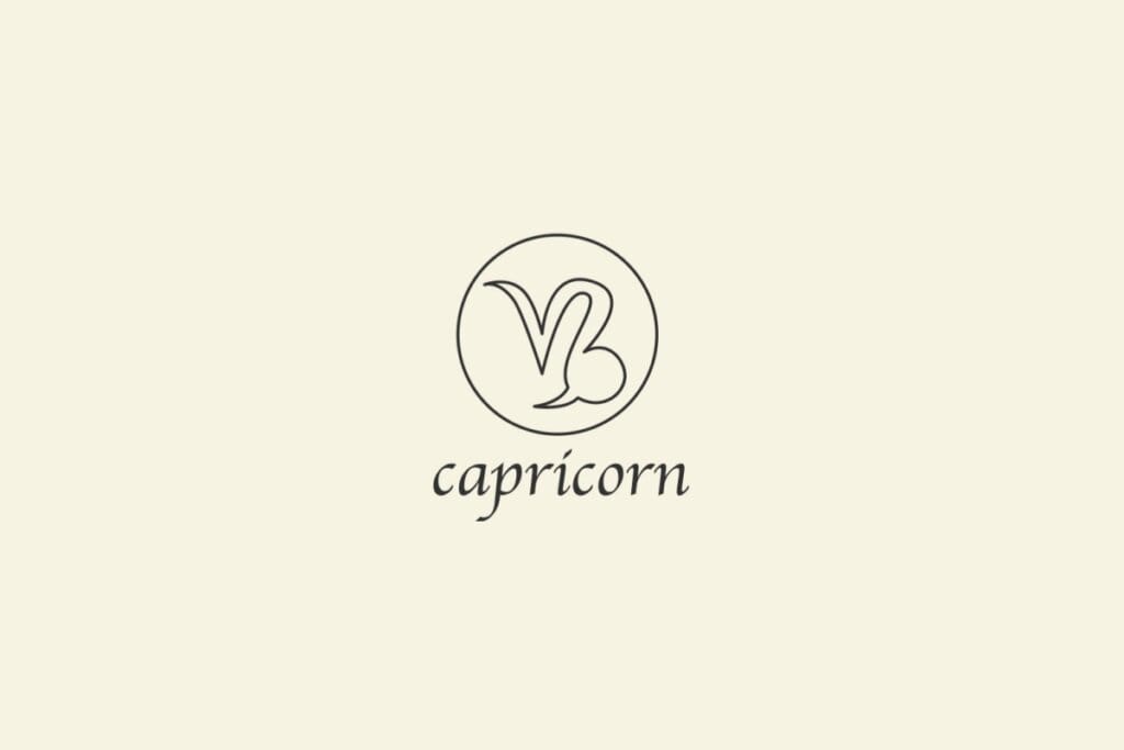 Ilustração do signo de Capricórnio, em fundo bege, contendo símbolo curvo semelhante a um V alongado à esquerda e uma espiral à direita