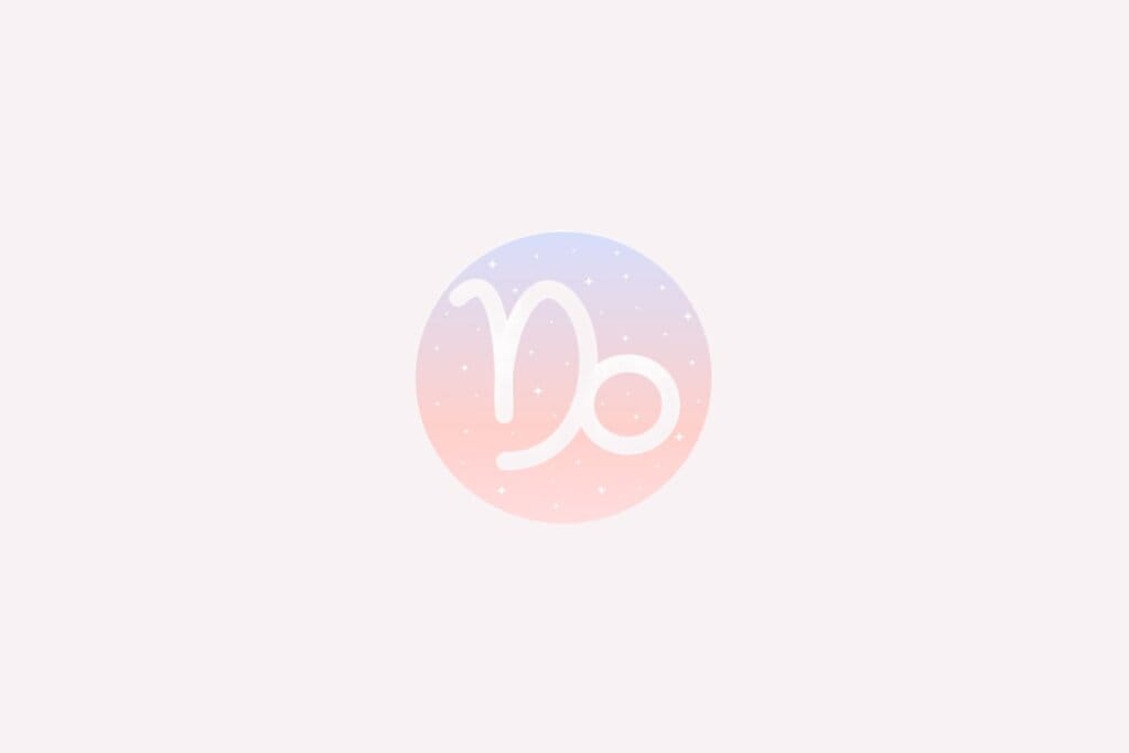 Ilustração do signo de Capricórnio com traço curvo branco e gancho na extremidade, em fundo rosado com estrelas