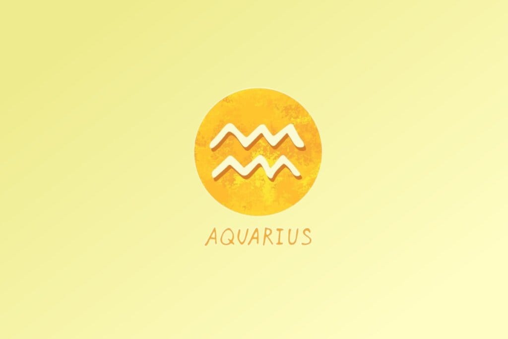 Ilustração do signo de Aquário, com duas linhas onduladas paralelas simbolizando ondas de água ou energia, em fundo amarelo