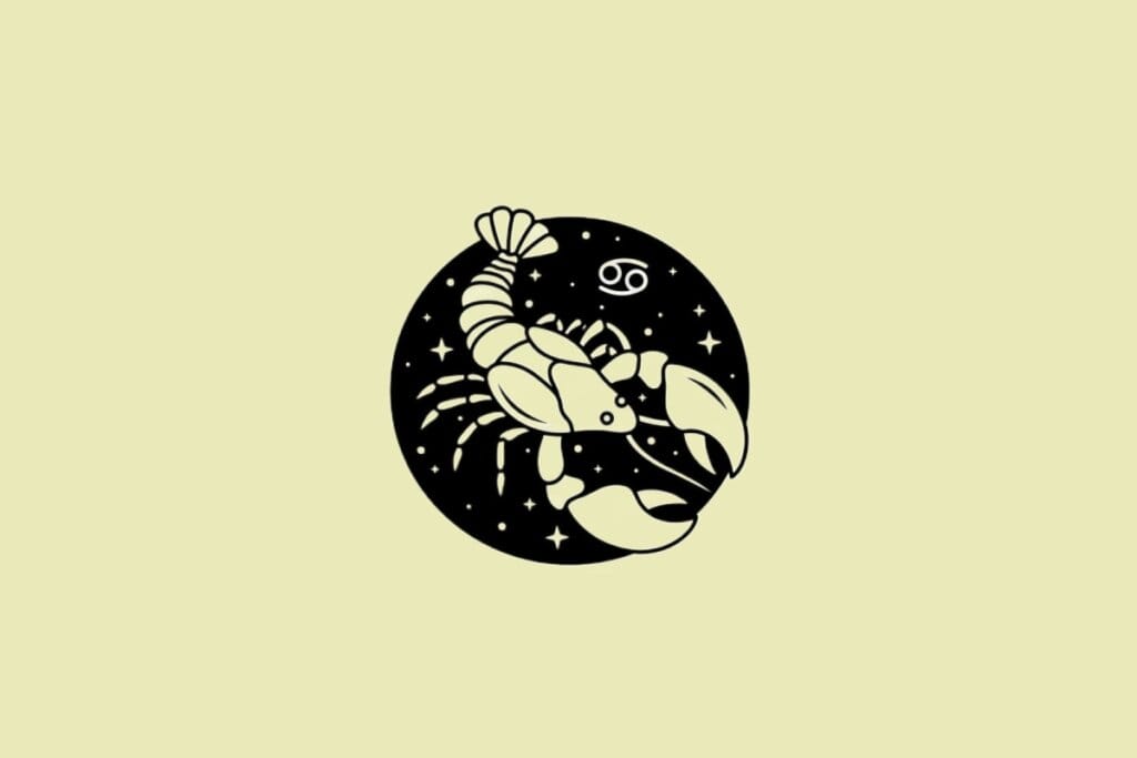 Ilustração do signo de Câncer em preto sobre um fundo amarelo