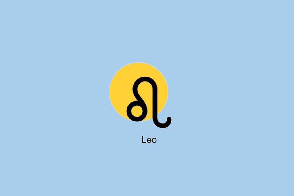 Símbolo do signo de Leão ao lado de círculo amarelo em fundo azul claro
