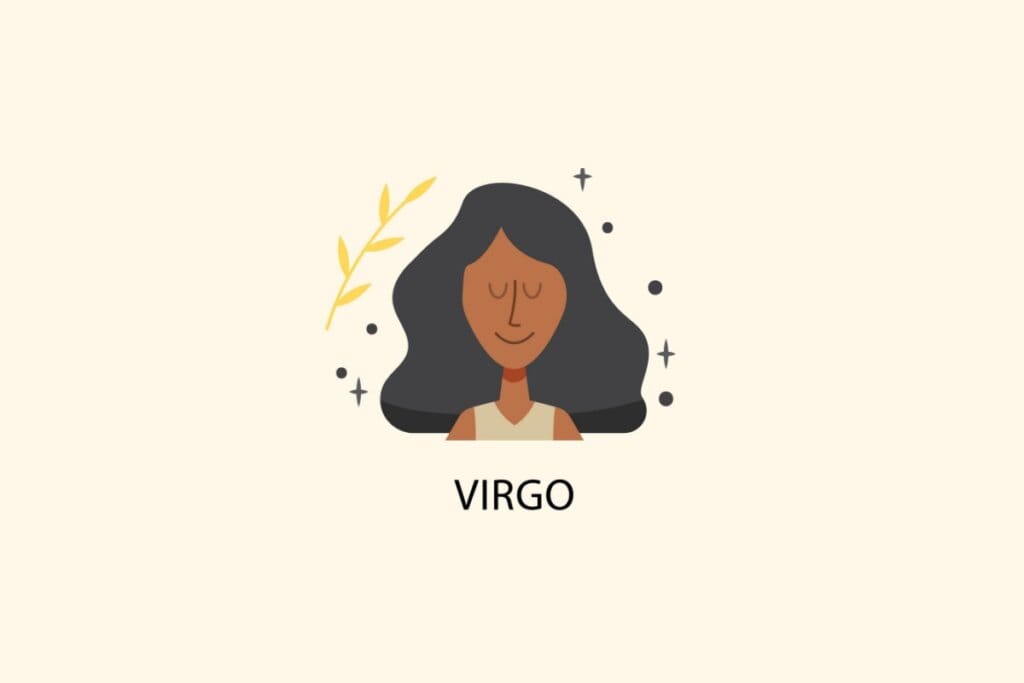 Ilustração do signo de Virgem, em fundo bege-claro, contendo uma mulher de pele morena e cabelo preto com uma folha amarela ao lado da cabeça