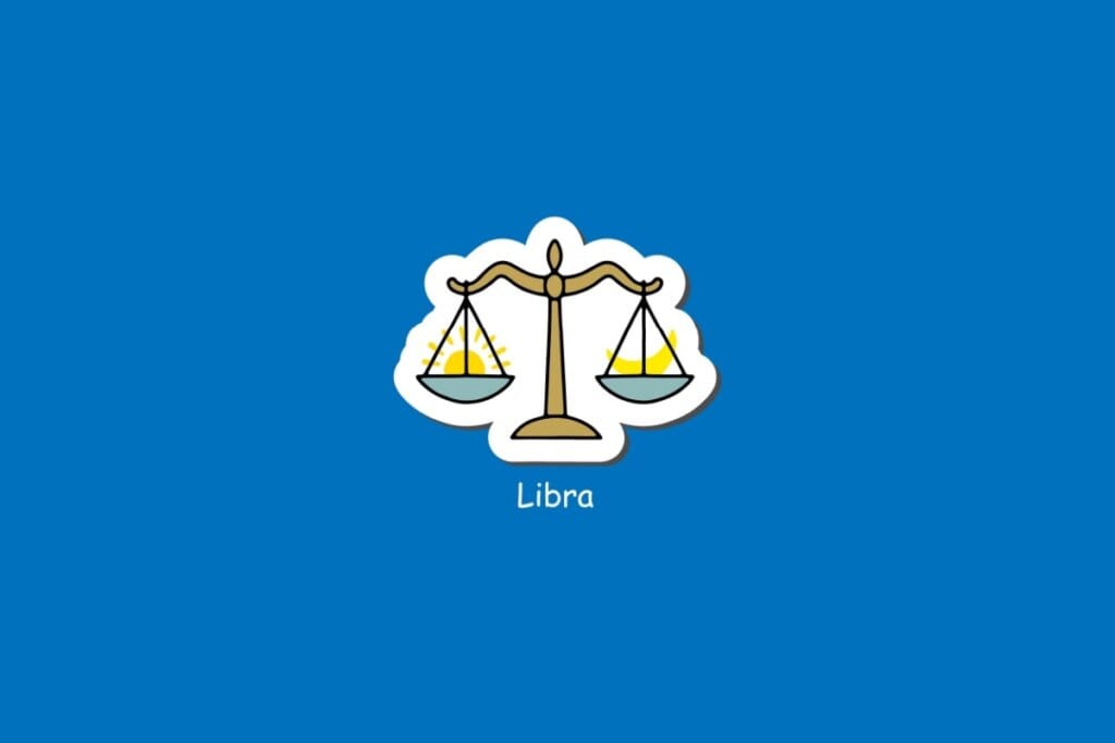 Ilustração do signo de Libra, em fundo azul, com balança dourada equilibrando dois pratos com sol e lua