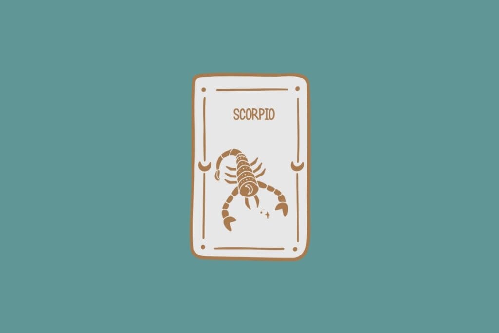 Ilustração do signo de Escorpião, em fundo verde-azulado, contendo um escorpião com cauda curva, pinças abertas e corpo segmentado