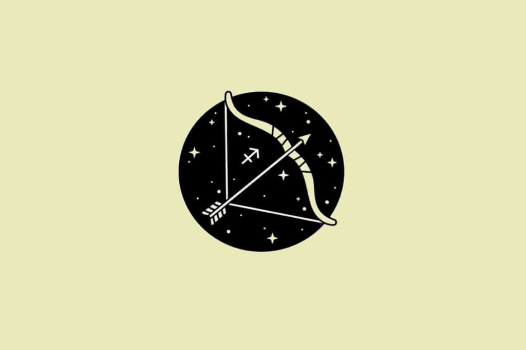 Ilustração do signo de Sagitário em preto sobre um fundo amarelo