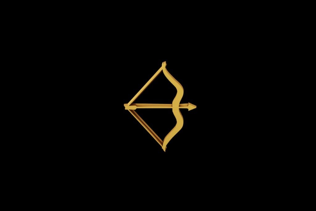 Ilustração do signo de Sagitário em dourado sobre um fundo preto