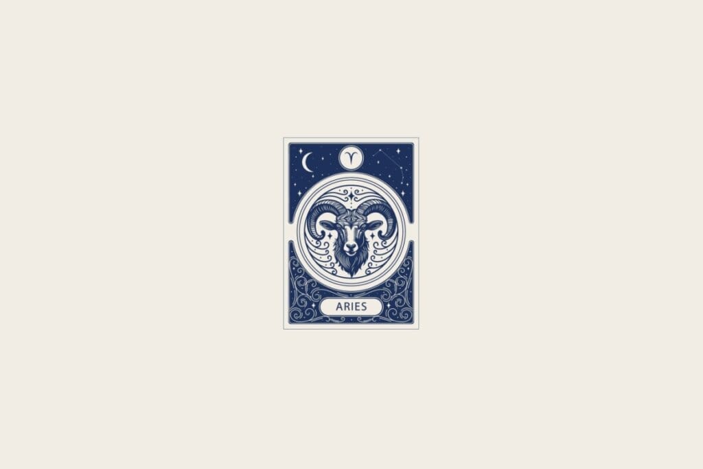 Ilustração do signo de Áries em azul dentro de uma carta e com fundo bege-claro