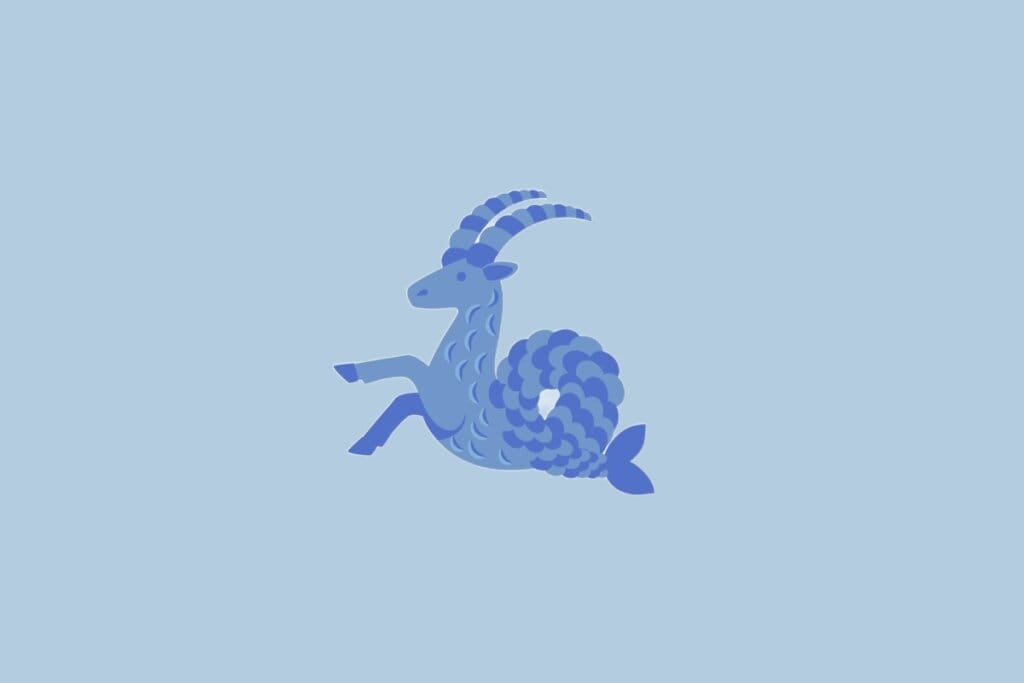 Ilustração do signo Capricórnio, com uma criatura azul de corpo de cabra e cauda de peixe, sobre fundo azul-claro