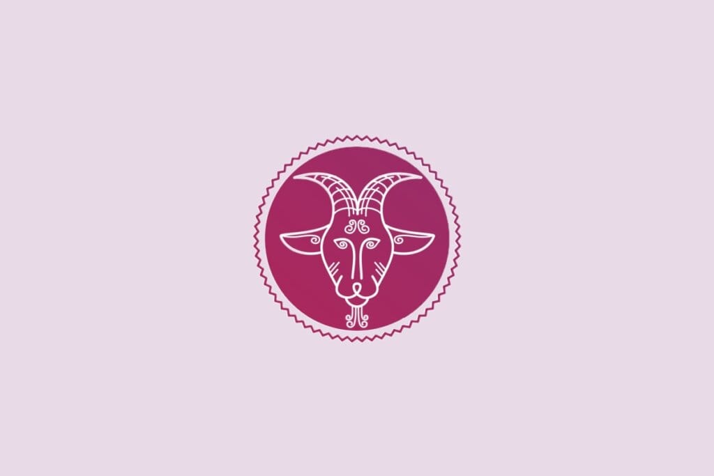 ilustração de uma cabra representando o signo de capricórnio em círculo roxo em fundo lilás