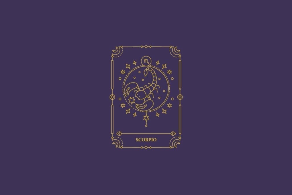 Ilustração do signo de escorpião em dourado com detalhes na mesma cor ao redor. Fundo roxo-escuro