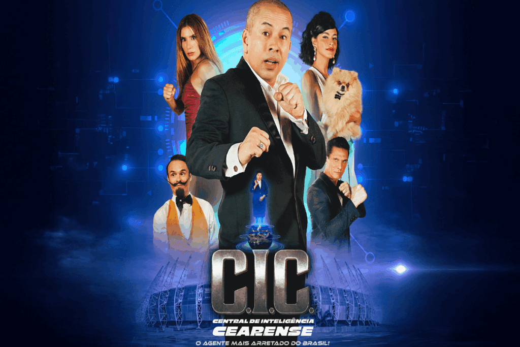 Homem careca usando terno preto e camisa branca fazendo pose de luta e ao redor dele imagens de duas mulheres e dois homens, em fundo azul, no fim o nome do filme em cinza