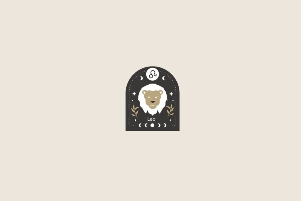 Símbolo estilizado do signo de leão sobre um formato de arco preto. O fundo geral é bege-claro
