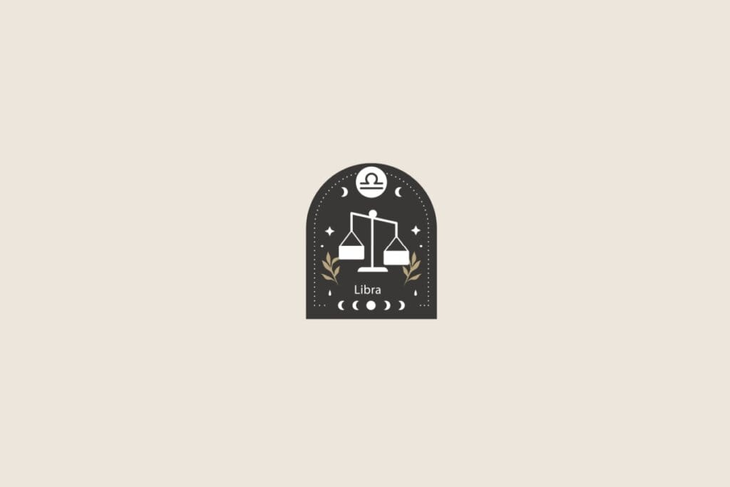Símbolo estilizado do signo de libra sobre um formato de arco preto. O fundo geral é bege-claro