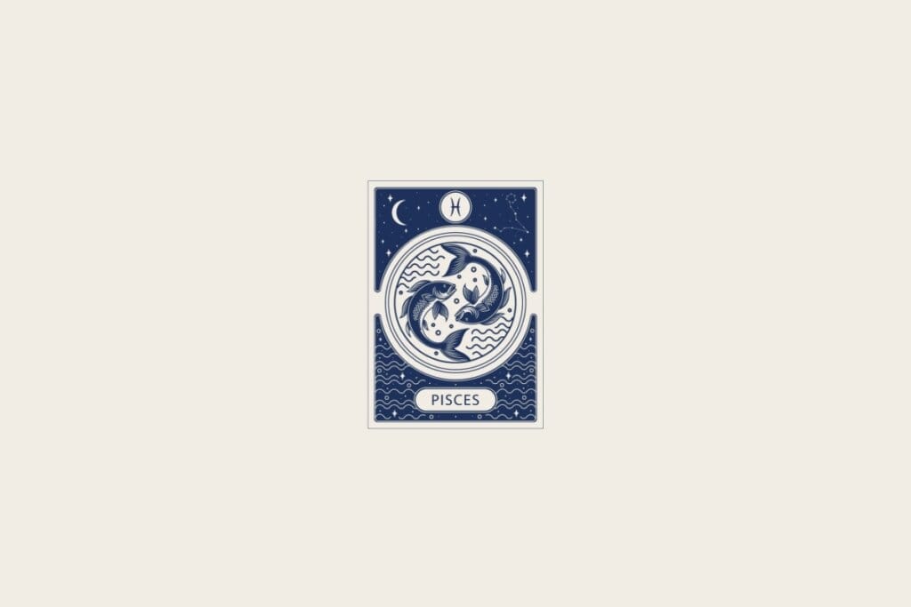 Ilustração do signo de Peixes em azul dentro de uma carta e com fundo bege-claro
