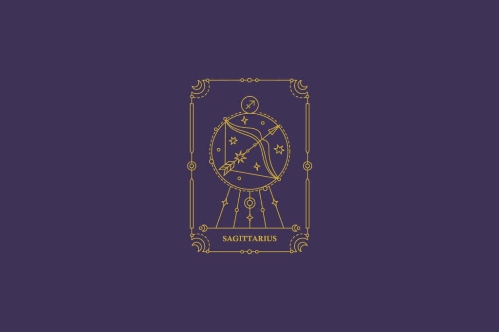 Ilustração do signo de sagitário em dourado com detalhes na mesma cor ao redor. Fundo roxo-escuro