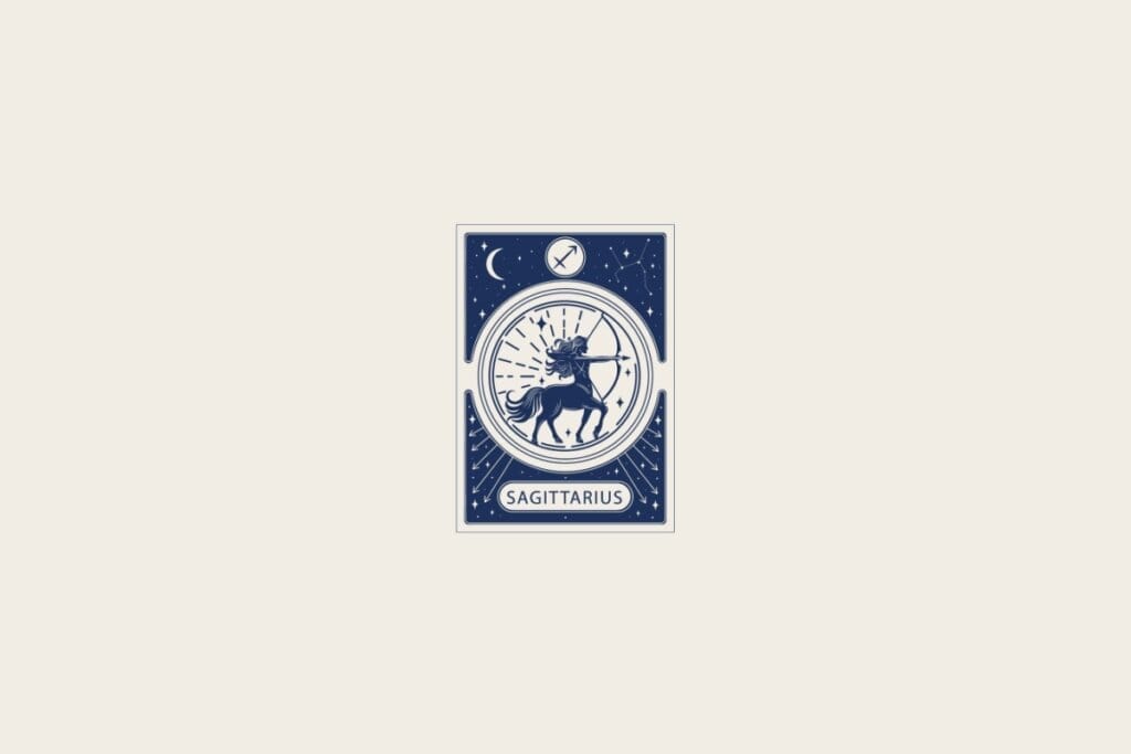 Ilustração do signo de Sagitário em azul dentro de uma carta e com fundo bege-claro
