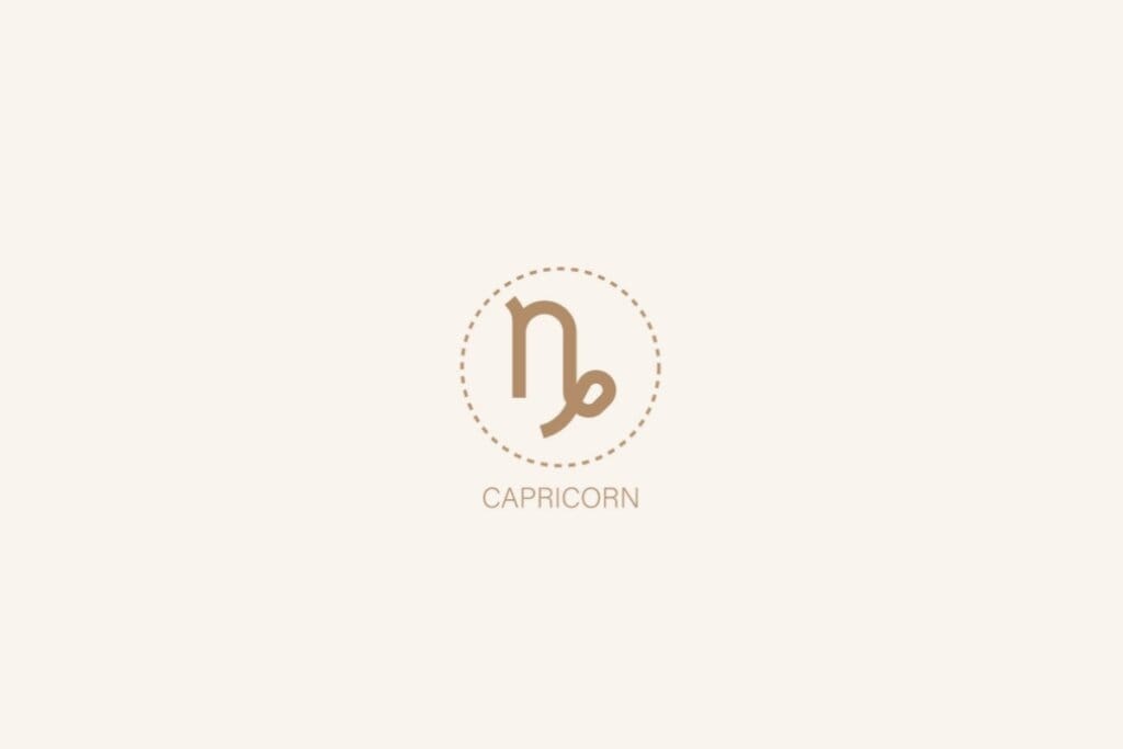 Ilustração do símbolo e nome em inglês do signo de capricórnio em um fundo bege