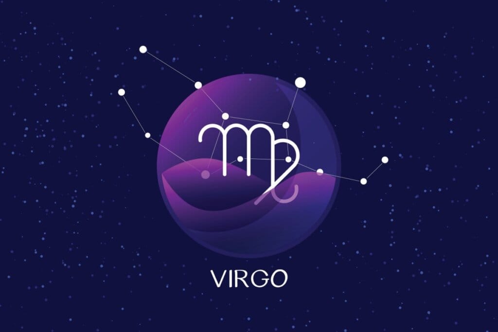 Símbolo do signo de Virgem em branco e escrito virgo em círculo roxo em fundo roxo escuro 