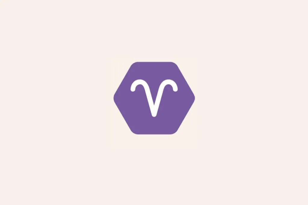 Ilustração do signo Áries, com símbolo branco em formato de chifres curvos sobre fundo roxo em hexágono
