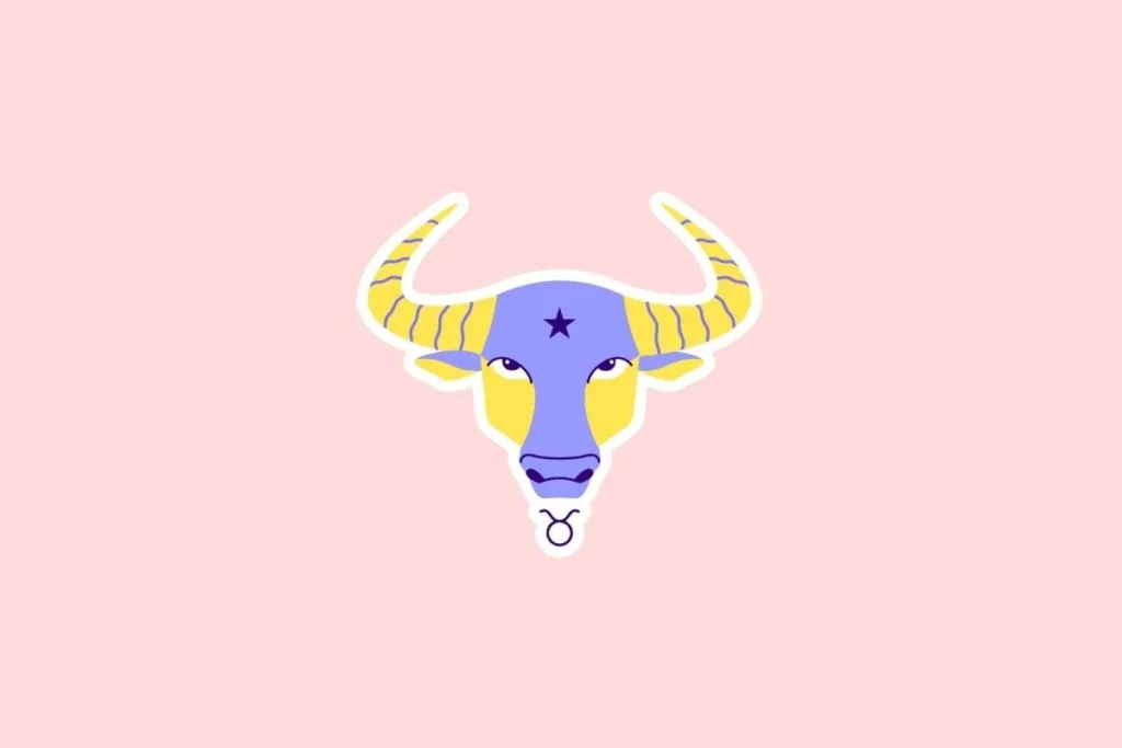 Ilustração do rosto de um touro em amarelo e roxo com chifres listrados e o símbolo de Touro abaixo, sobre fundo rosa-claro
