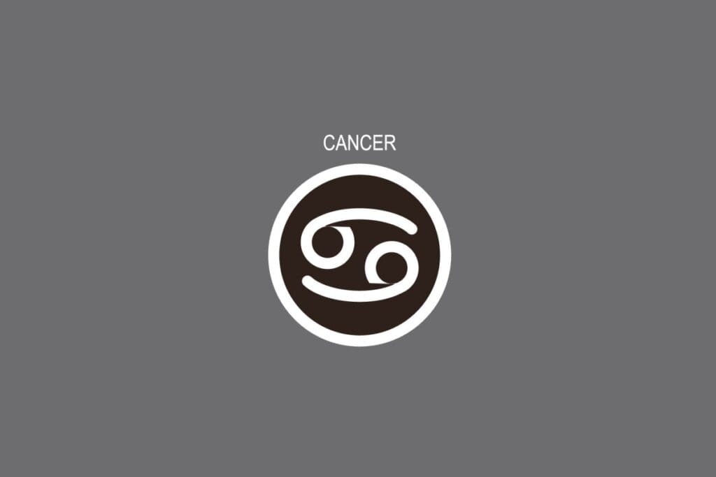 Ilustração do signo de Câncer, contendo o símbolo de duas curvas opostas que lembram caranguejo estilizado, em fundo cinza