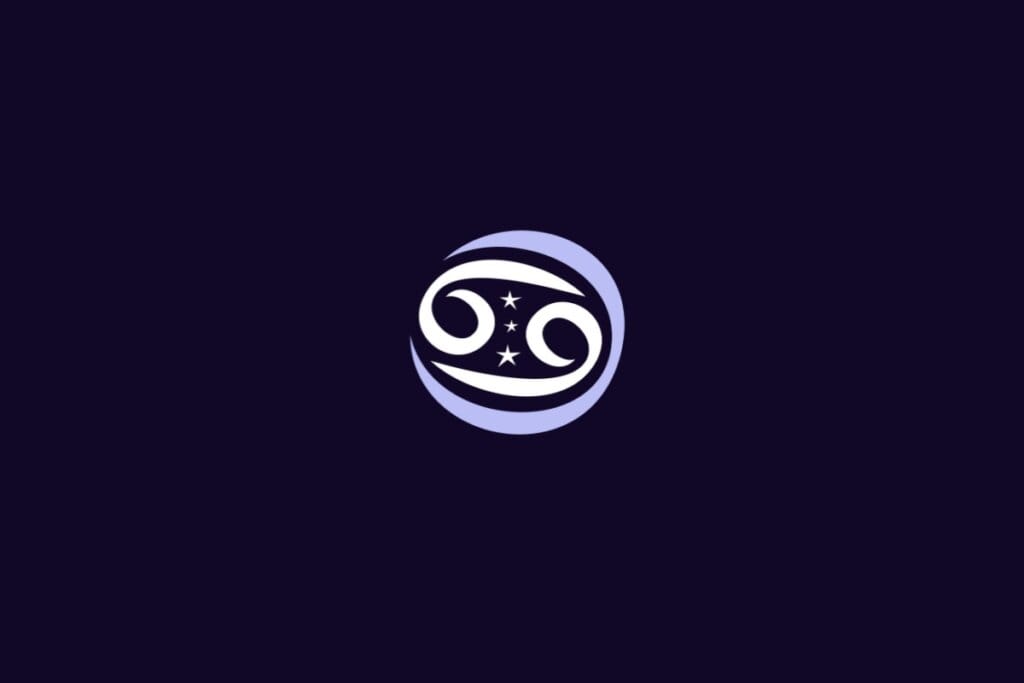 Ilustração do signo de Câncer, com dois semicírculos voltados em direções opostas lembrando garras de caranguejo, acompanhados por duas estrelas centrais, em fundo roxo-escuro