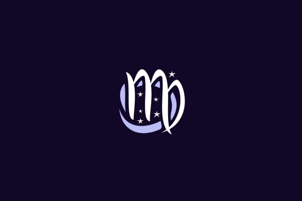 Ilustração do signo de Virgem, com símbolo curvo semelhante à letra “m” com laço fechado na extremidade direita, acompanhado por cinco estrelas, em fundo roxo-escuro
