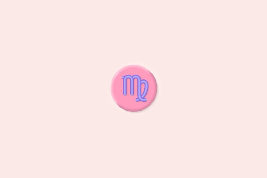 Ilustração do signo de Virgem, representado por um símbolo estilizado em forma de "M" com um traço curvado final