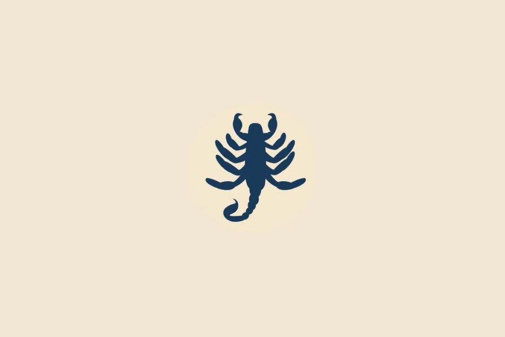 Ilustração do signo de escorpião em azul em um fundo bege