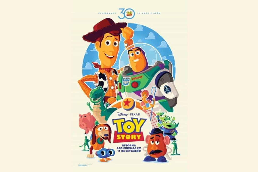 Capa do relançamento do filme "Toy Story" de 1995 com os personagens em um fundo amarelo-claro 