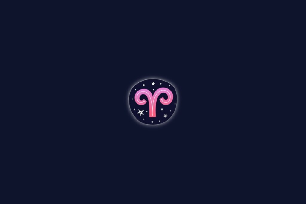 Símbolo do signo de áries na cor rosa centralizado sobre um fundo azul-escuro com pequenas estrelas brancas ao redor