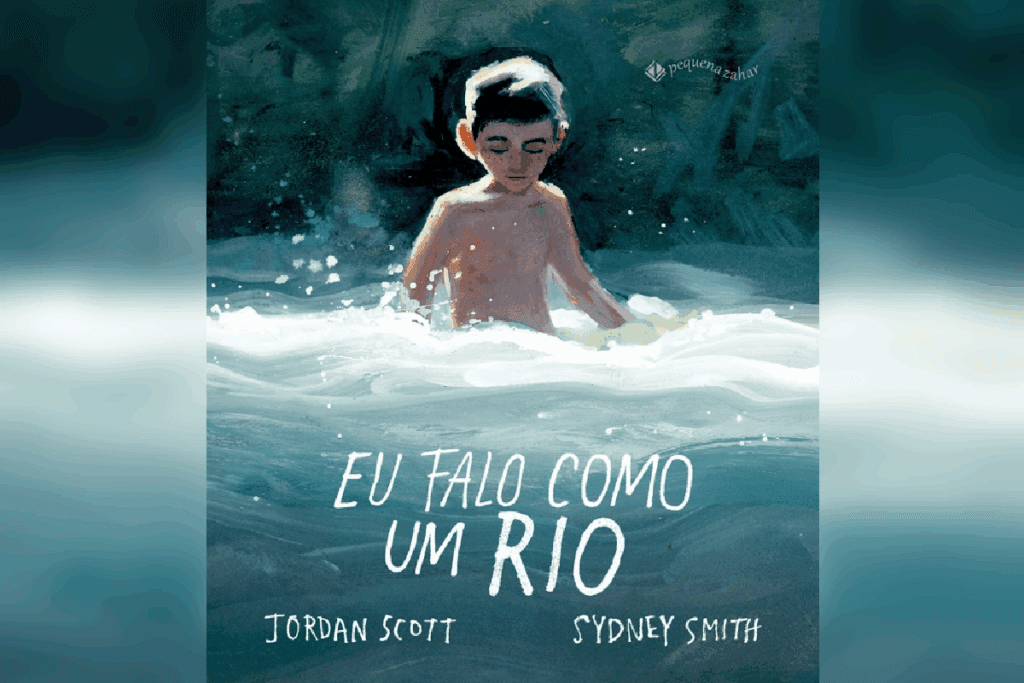 Capa do livro "Eu falo como um rio", que mostra um menino de pele clara, cabelo escuro, dentro de um rio azul