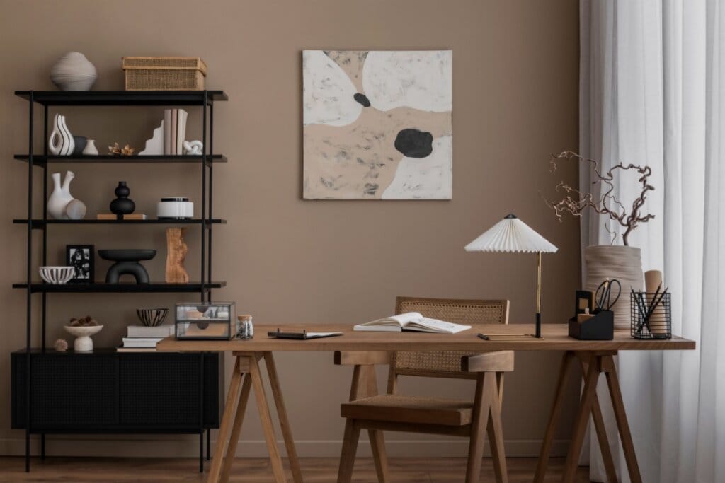 Escritório em casa, com mesa e cadeira em madeira, com parede no fundo pintada em bege e estante preta com diversos objetos de decoração