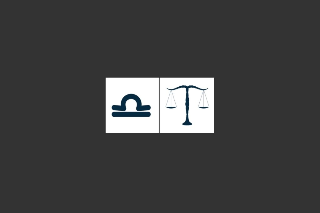 dois quadrados brancos com dois símbolos em azul que representam o signo de libra sobre fundo cinza-escuro