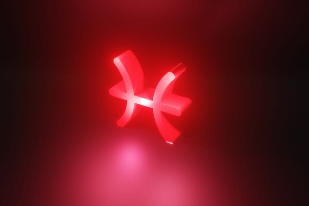 Ilustração em vermelho do símbolo do signo de Peixes em fundo vermelho