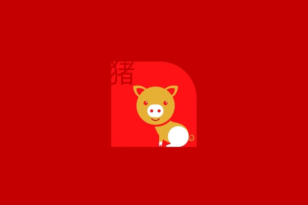 Ilustração do signo de Javali, contendo um porco amarelo com focinho e patas brancas, em fundo vermelho