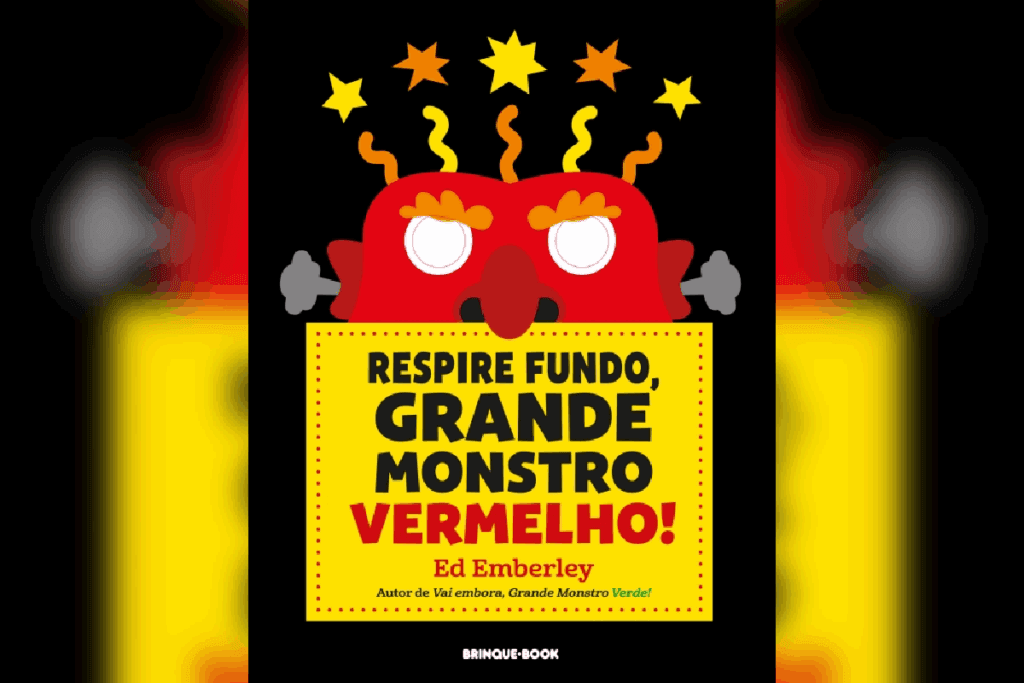 Capa do livro "Respire fundo, grande monstro vermelho!", com fundo amarelo e o rosto de um monstro vermelho de olhos arregalados e expressão furiosa
