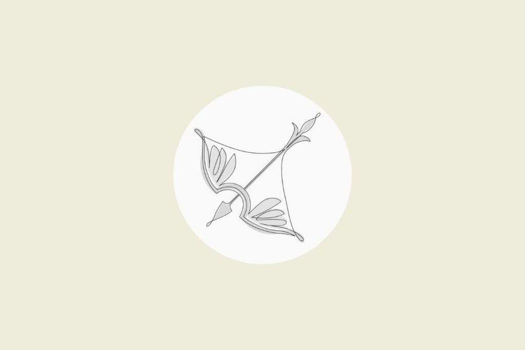 Ilustração do signo de sagitário em preto e branco, dentro de um círculo, sobre um fundo bege-claro
