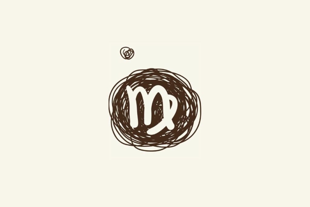 Ilustração do símbolo do signo de virgem sobre um rabisco marrom, com fundo bege-claro.