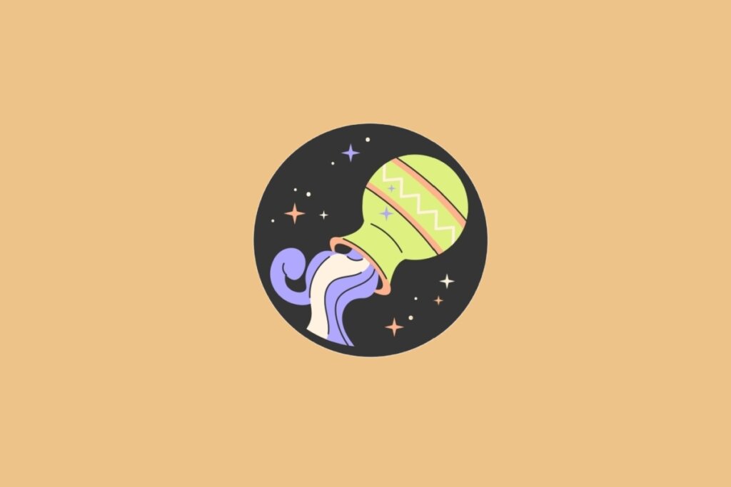 Ilustração do signo de Aquário, em fundo alaranjado, com um vaso verde decorado derramando água roxa