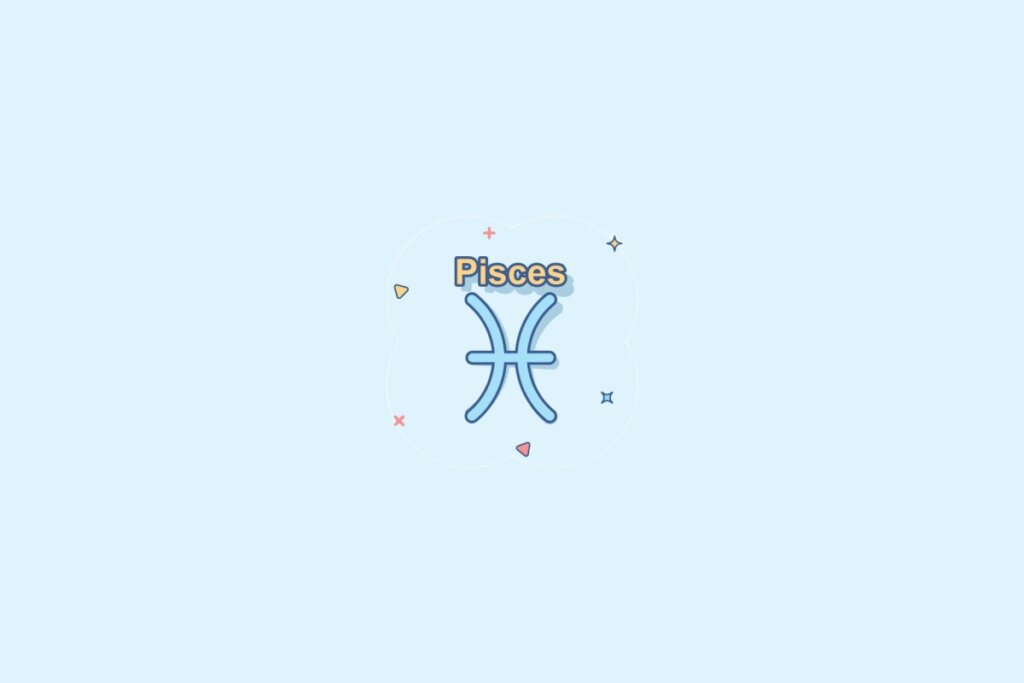 Ilustração do signo Peixes, contendo o símbolo de dois arcos verticais voltados para fora e conectados por uma linha horizontal ao centro, em fundo azul-claro