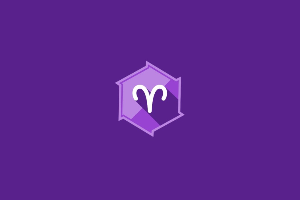 Ilustração do signo de Áries, em fundo roxo, com símbolo formado por linhas curvas que lembram chifres voltados para fora