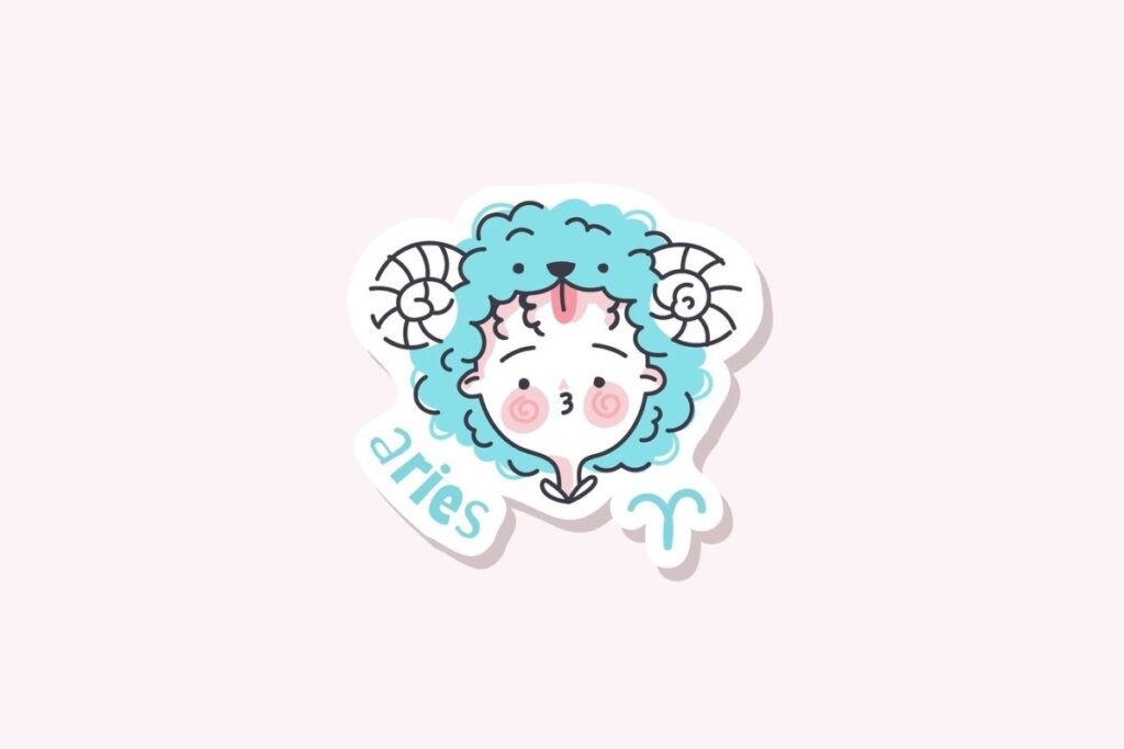 Ilustração do signo de Áries, contendo uma criança com cabelos azuis em forma de lã e chifres de carneiro sobre a cabeça, em fundo rosa-claro